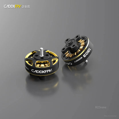 CADDXFPV 1303 6000KV 2–4S Brushless Motor, CADDX FPV 1303 6000KV brushless motors for drones, compatible with 2-4S batteries, available in gold and black.
