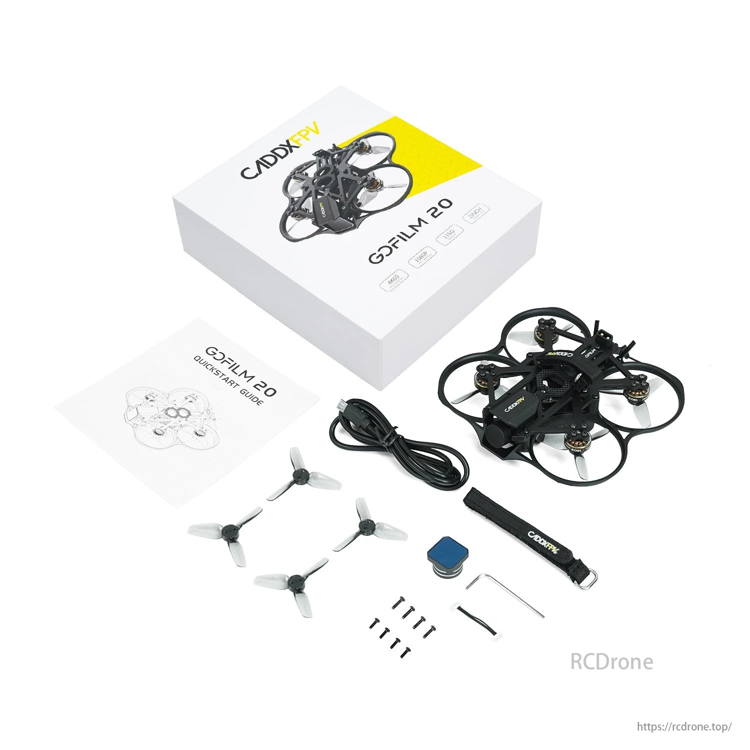 CADDXFPV GoFilm 20 drone package includes box, quick start guide, spare props, screws, and tools.