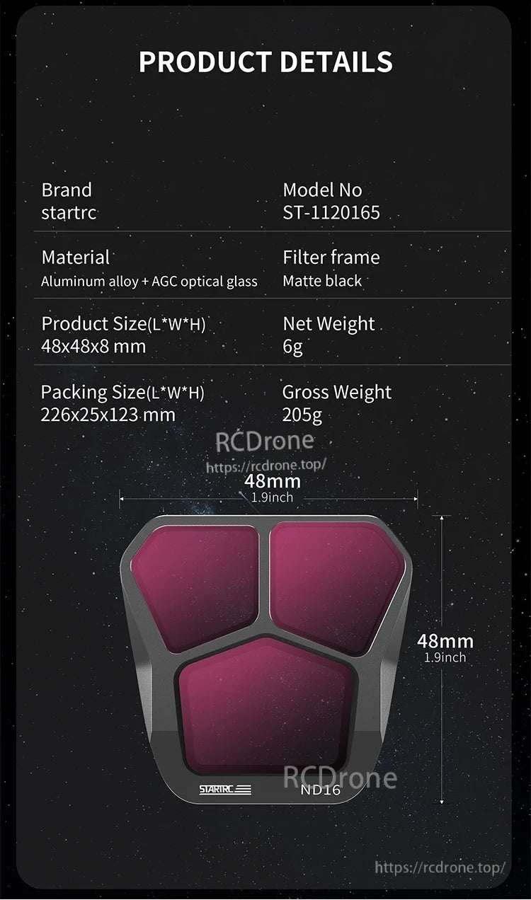 Camera Lens Filter, The product is a filter frame made of aluminum alloy and AGC optical glass, with dimensions 48x48x8mm and weighing 6g.