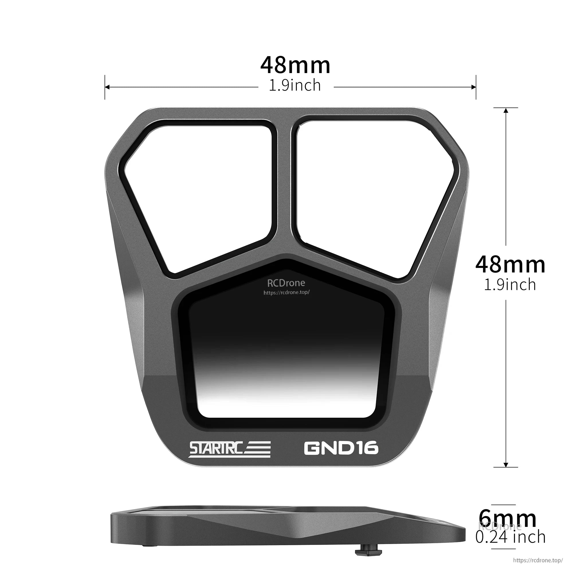 Camera lens filter measures 48mm diameter, 1.9in thick, with neutral density value GND16.