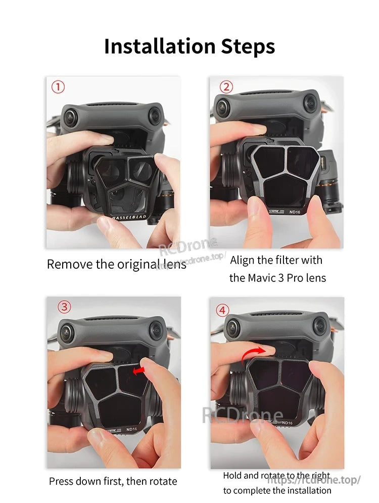 Camera Lens Filter, Installation guide for Mavic 3 Pro lens filter: remove, align, press, rotate.