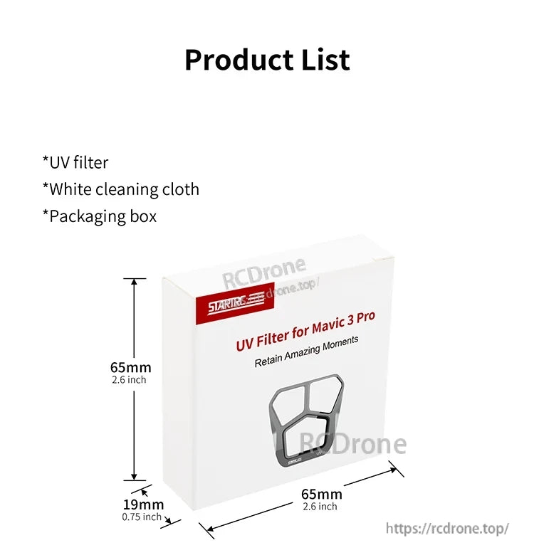 Camera Lens Filter, UV filter for Mavic 3 Pro, includes cleaning cloth and box, measures 65x65x19mm. Protects lens and enhances image clarity.