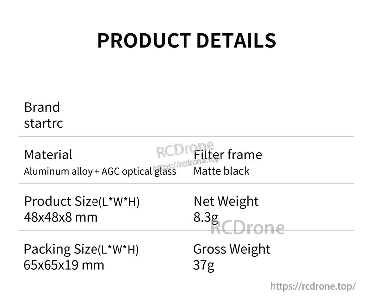 Startrc camera lens filter made of aluminum alloy and optical glass, matte black frame, 48x48x8 mm, 8.3g; package 65x65x19 mm, 37g total weight.