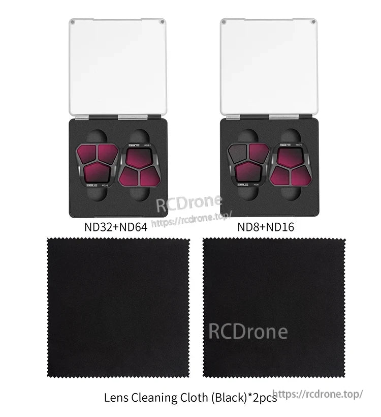 ND32+ND64 and ND8+ND16 camera lens filters included with two black cleaning cloths for lens maintenance.