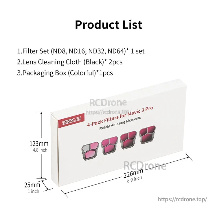 Camera Lens Filter, Includes ND8, ND16, ND32, ND64 filters, two cleaning cloths, one box (226×123×25mm), designed for Mavic 3 Pro.