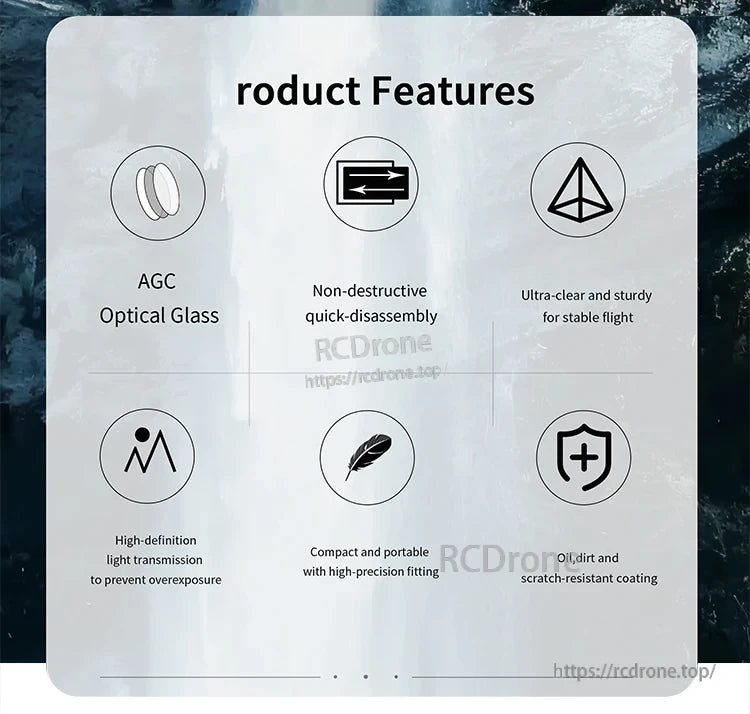 Camera Lens Filter, AGC optical glass with scratch-resistant coating ensures high-definition light transmission, durable stability, precision fit, compact design, and quick disassembly for reliable drone performance. (24 words)
