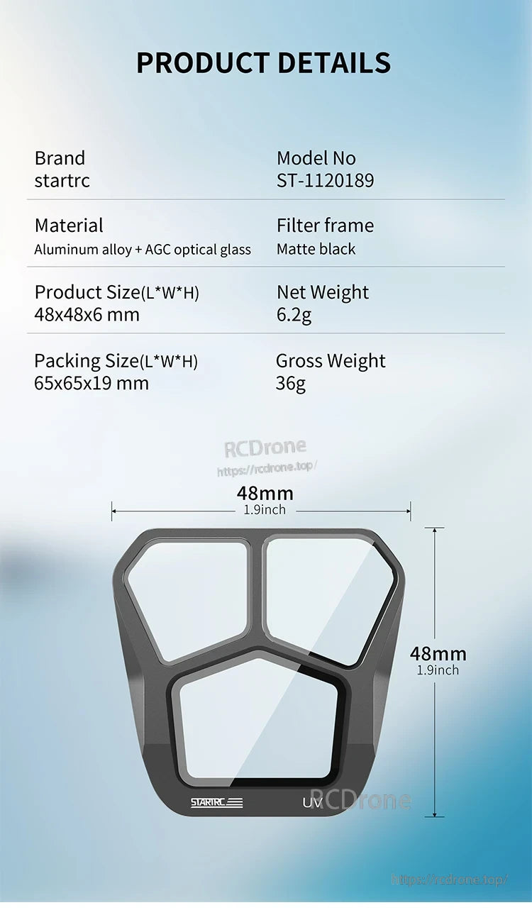 Camera Lens Filter, Startrc UV filter ST-1120189, 48mm, matte black aluminum, AGC optical glass, 6.2g net, 36g gross, packed in 65x65x19mm box.