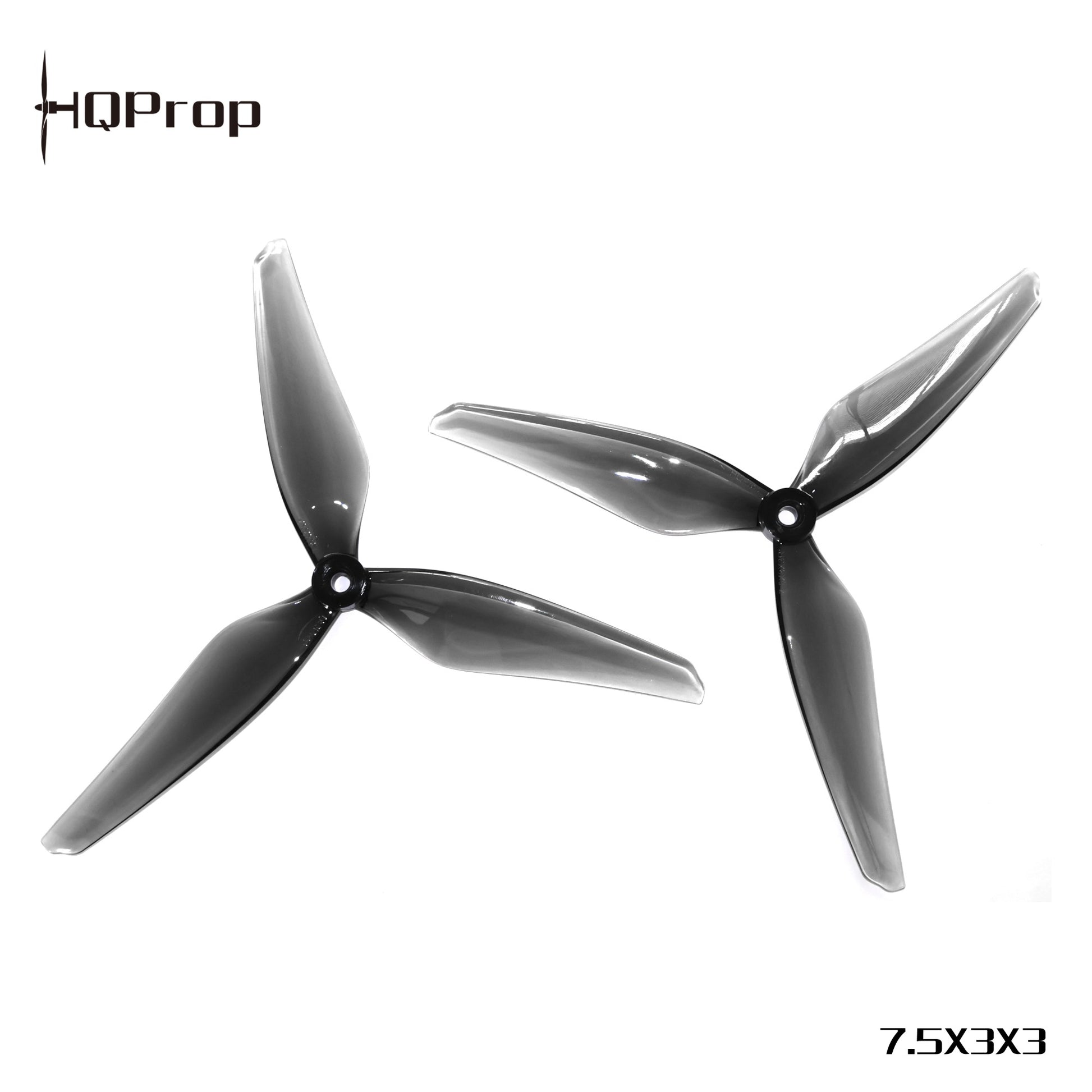 Two HQProp 7.5x3x3 three-blade drone propellers shown from a different angle