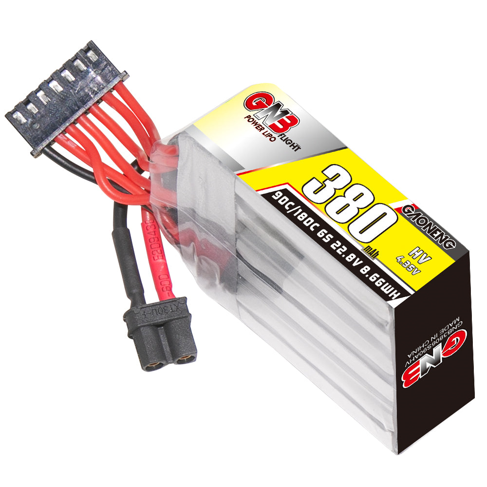 Single GNB 380mAh 6S LiHV LiPo battery angled view showing XT30 connector and balance plug