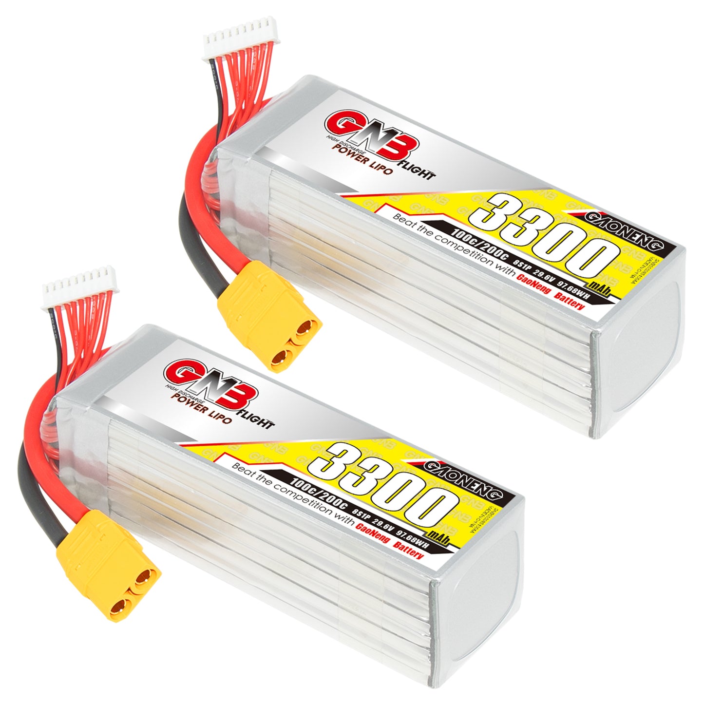 Two GNB 3300mAh LiPo battery packs shown together with yellow XT90 connectors and balance leads