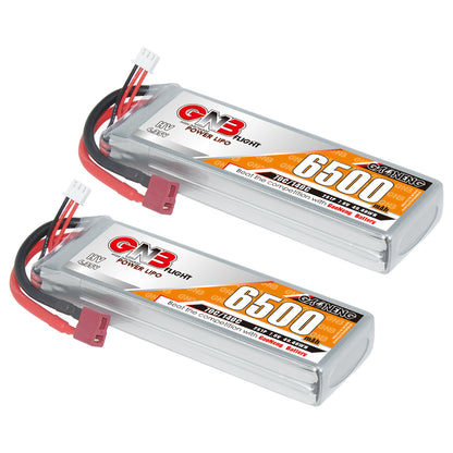 Two GAONENG GNB 6500mAh 2S LiHV LiPo battery packs shown with T-plug connectors