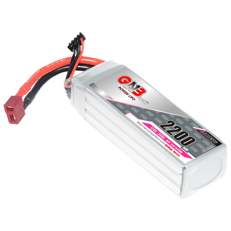 GAONENG GNB 3S 11.1V 2200mAh 120C LiPo Battery angled view with T-plug and balance lead