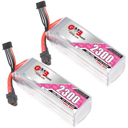 Two-pack of GNB 4S 2300mAh LiPo batteries with XT60 connectors and balance leads, side-by-side