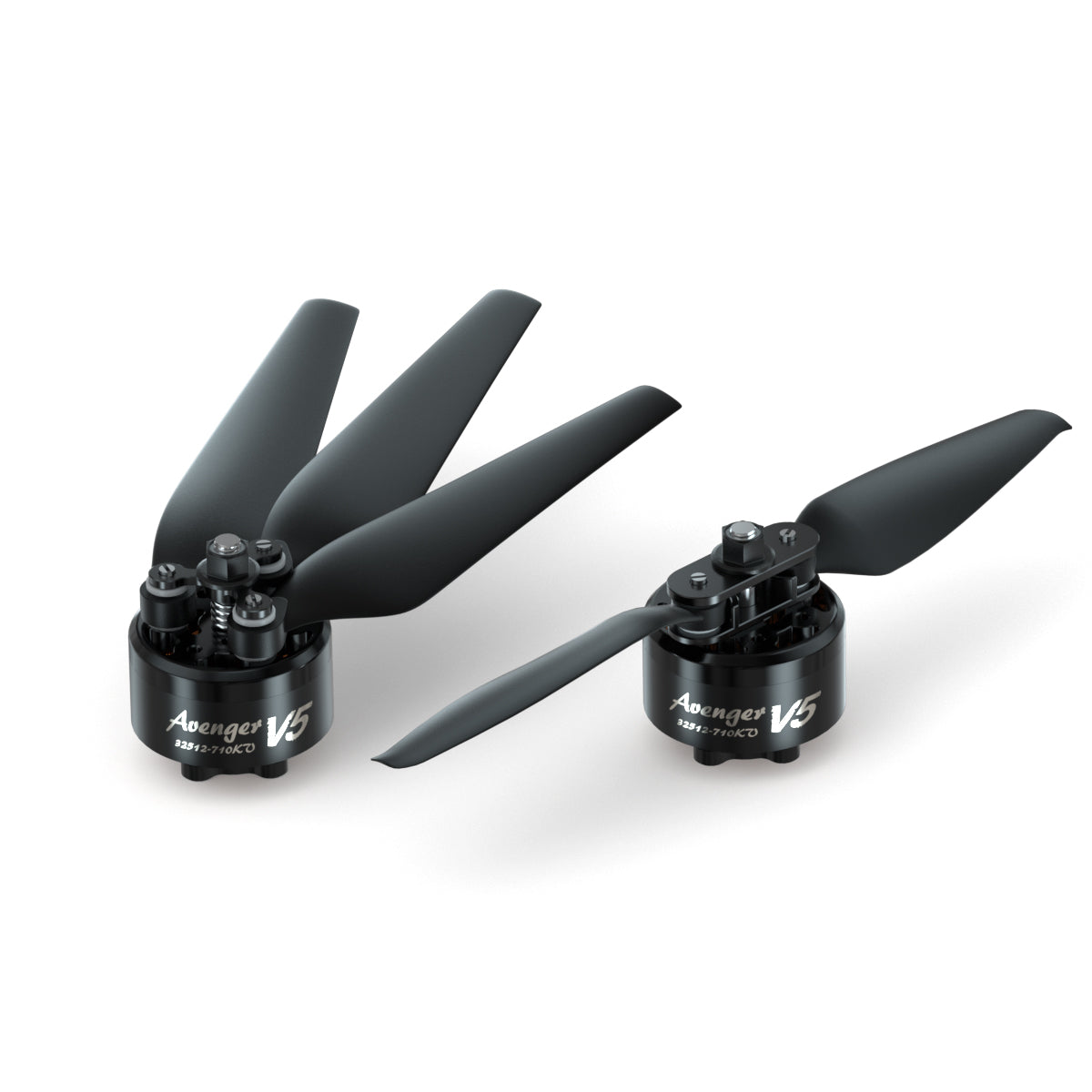 Two black BrotherHobby Avenger V5 brushless drone motors with propellers installed and Avenger V5 branding