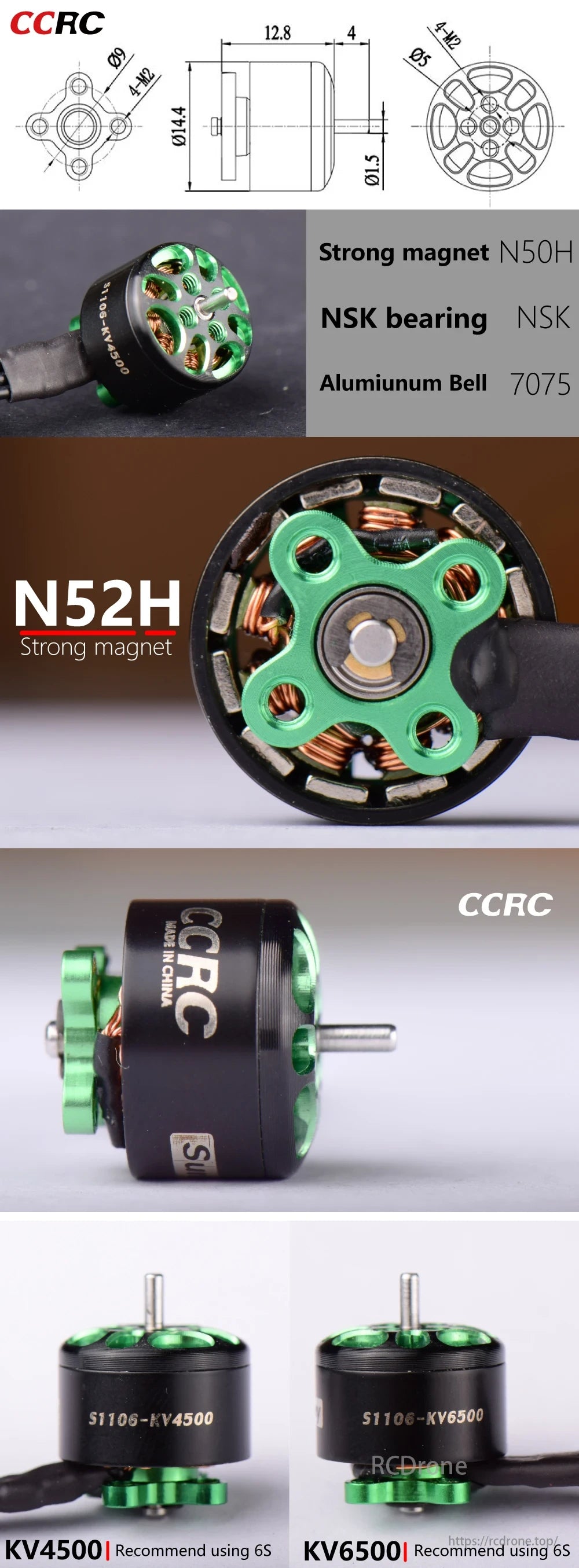 CCRC S1106 Brushless Motor features N52H magnet, NSK bearing, 7075 aluminum bell, KV4500/6500 versions for 6S, compact design with green accents.