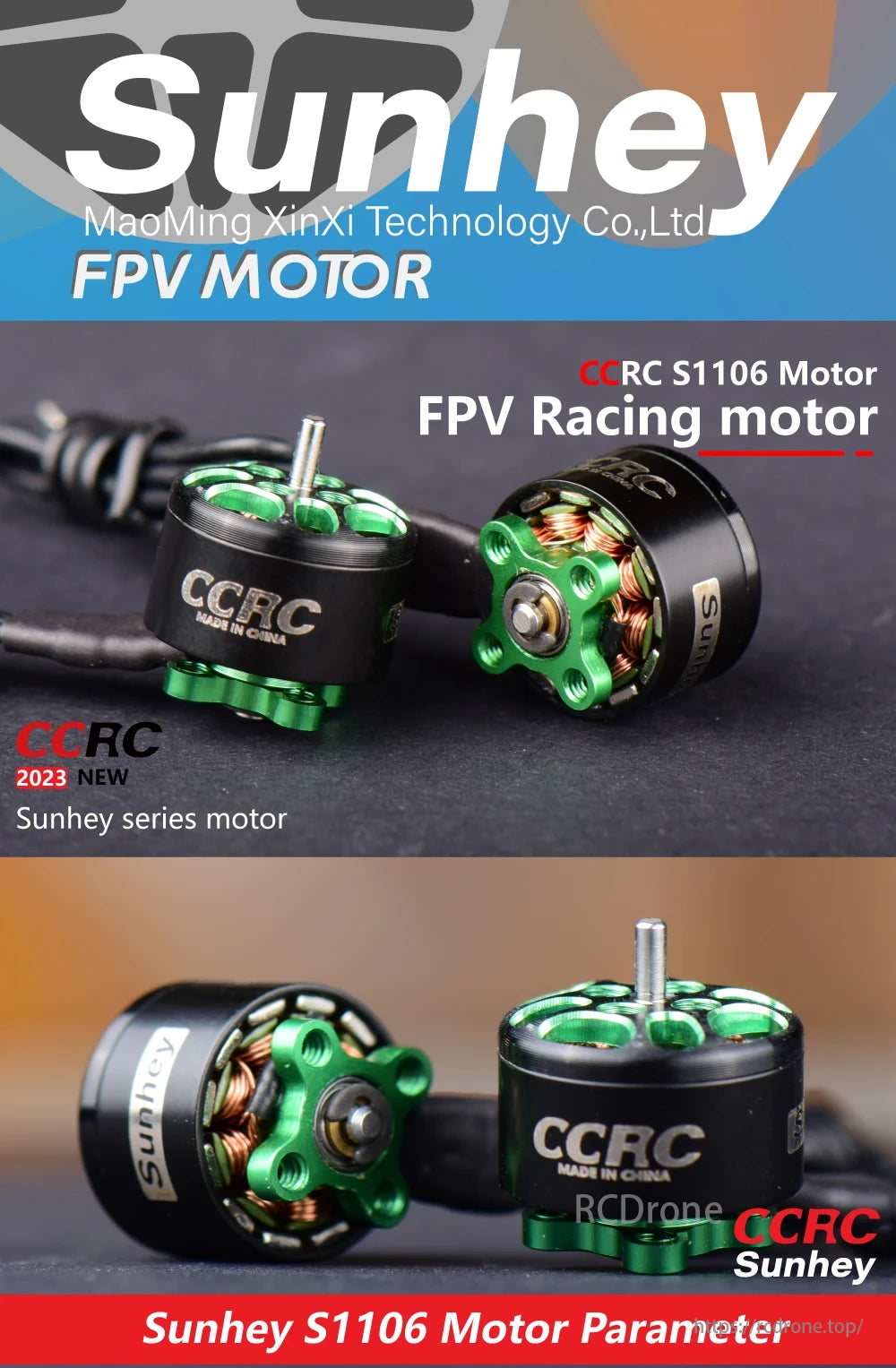 CCRC S1106 Brushless Motor, Sunhey CCRC S1106 FPV motor, 2023 series: black body, green stator, high FPV performance. See parameters below.