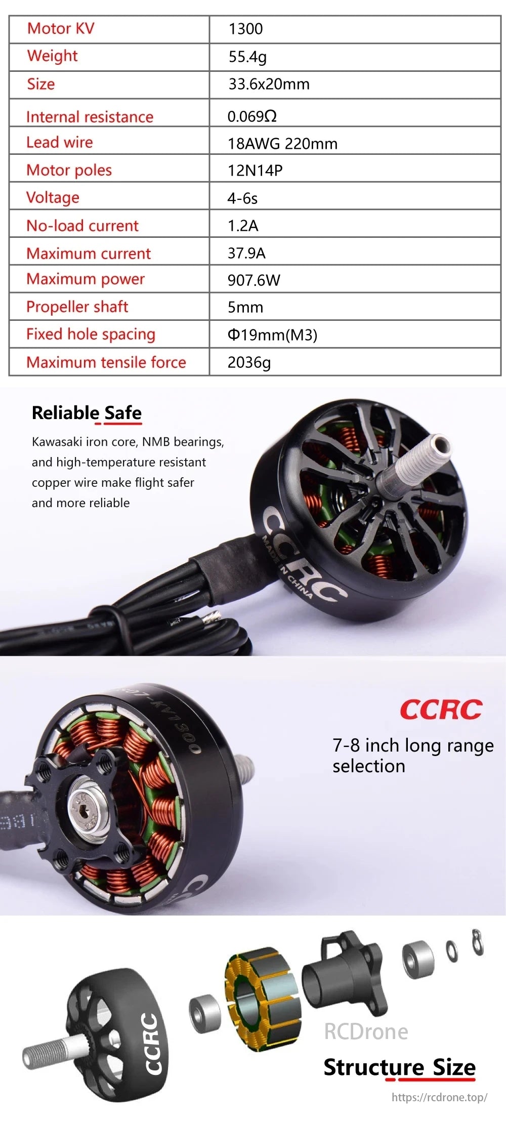 CCRC S2807 1300KV Brushless Motor, CCRC S2807 1300KV motor features reliable, safe design with high performance and specifications for drone use.