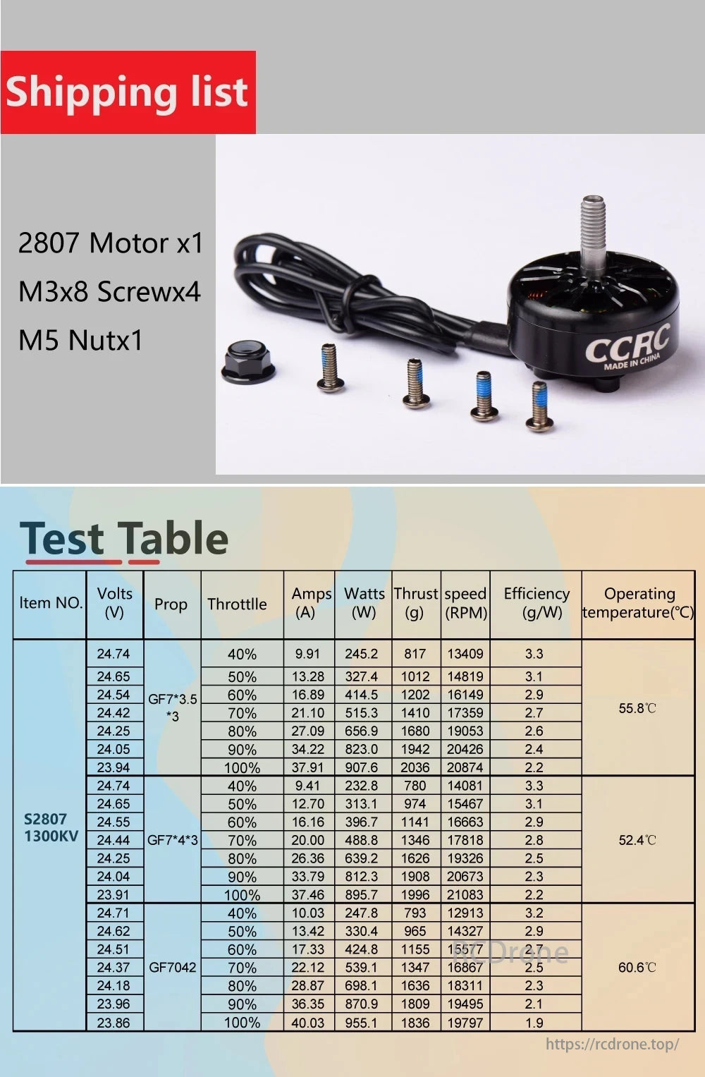 CCRC S2807 1300KV Brushless Motor, CCRC S2807 1300KV motor test data with M3x8 screws, M5 nut, covering volts, throttle, amps, watts, thrust, speed, efficiency, and temperature for different propellers.