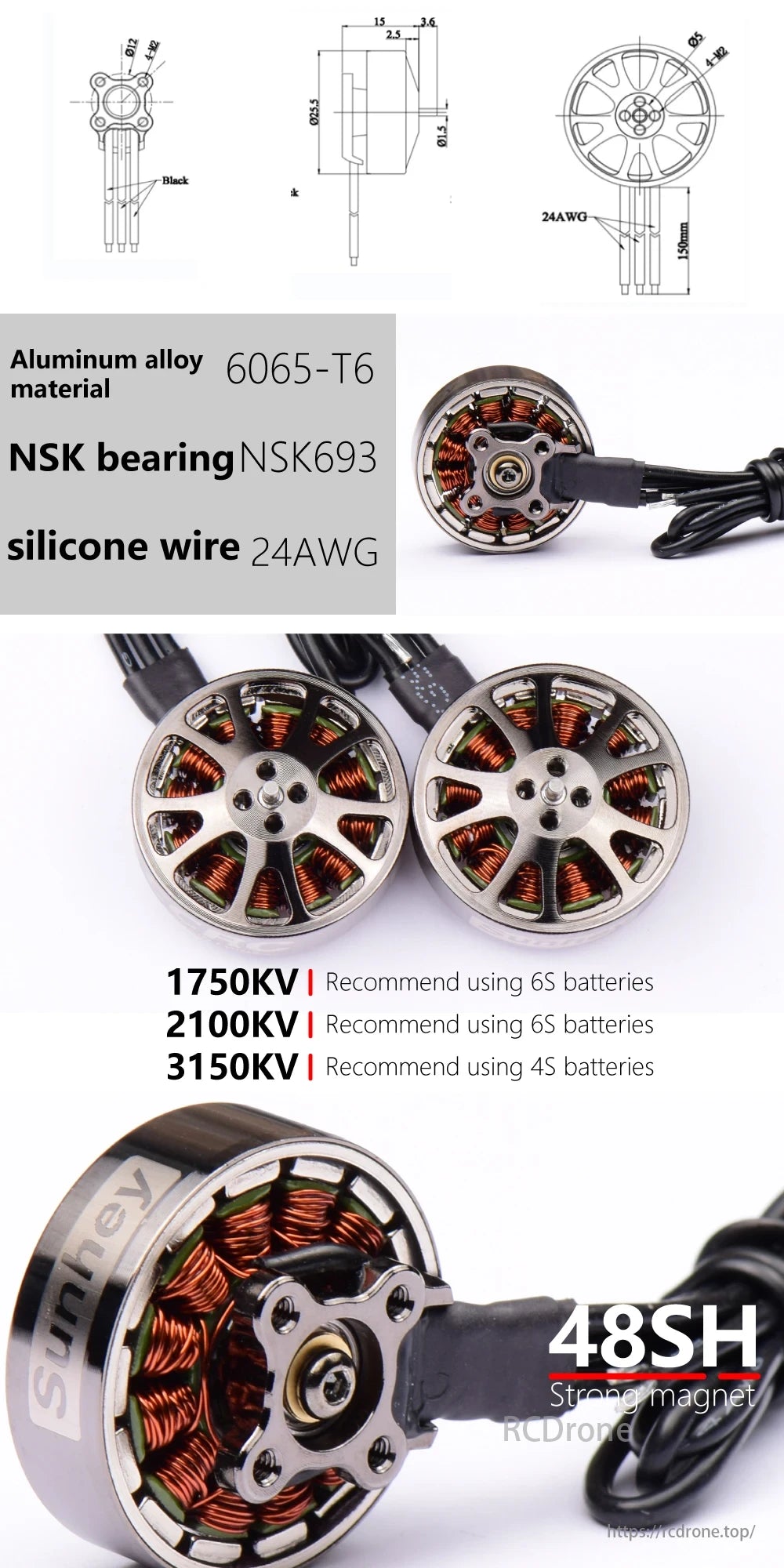 CCRC Sunhey 2004 Brushless Motor with aluminum alloy, NSK bearing, silicone wire, KV options, and 48SH strong magnet.
