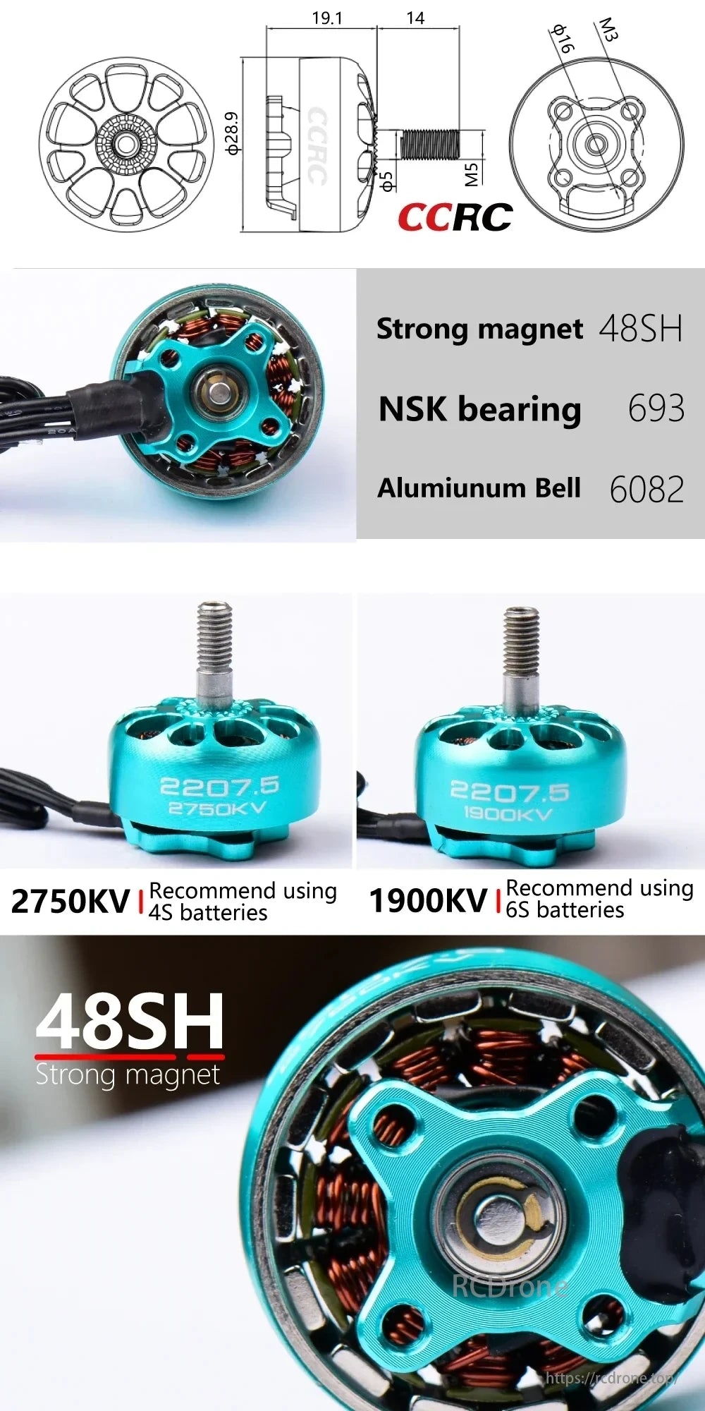 CCRC Sunhey 2207.5 Brushless Motor features 48SH magnet, NSK bearing, aluminum bell, and KV values for 4S/6S batteries—compact with detailed specifications.