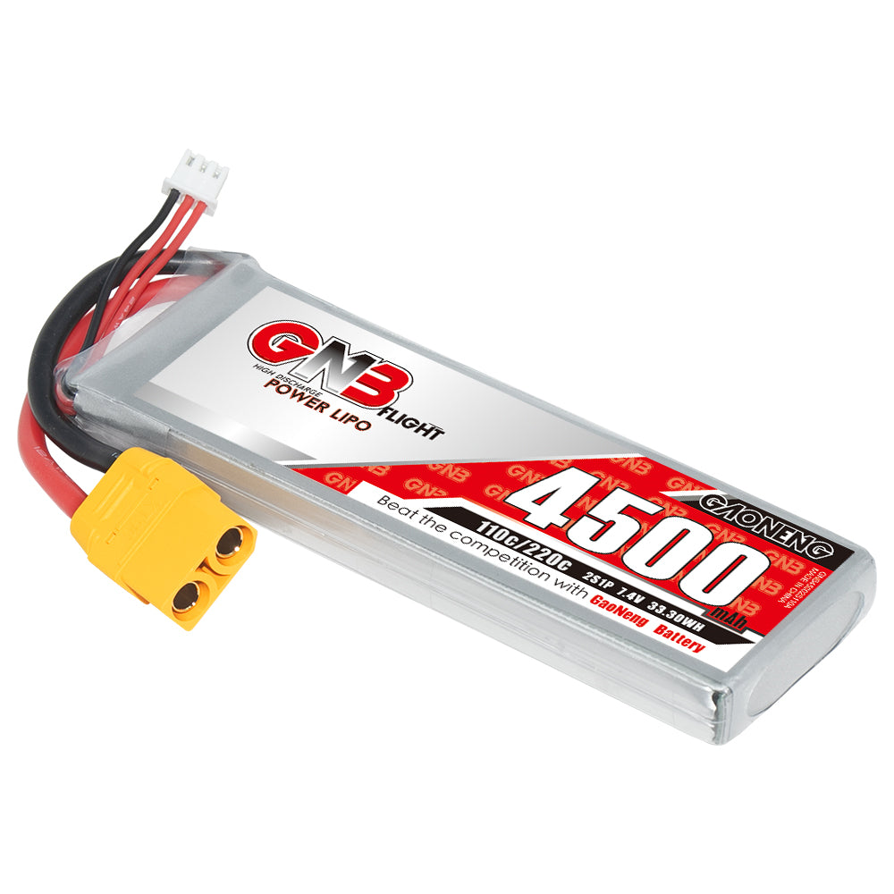 GAONENG GNB 2S 7.4V 4500mAh LiPo battery angled front view with yellow connector and balance lead