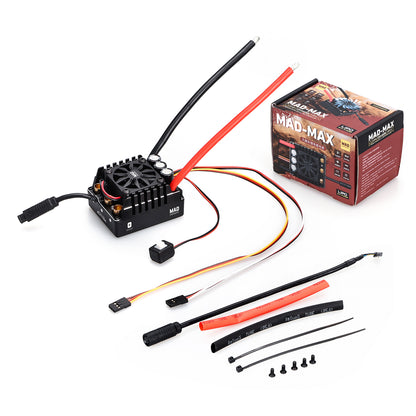 MAD MAX2 140A HV 2-4S Brushless Sensored ESC, MAD MAX2 sensored brushless ESC with fan-cooled heatsink, heavy-gauge power leads, cables, and mounting hardware