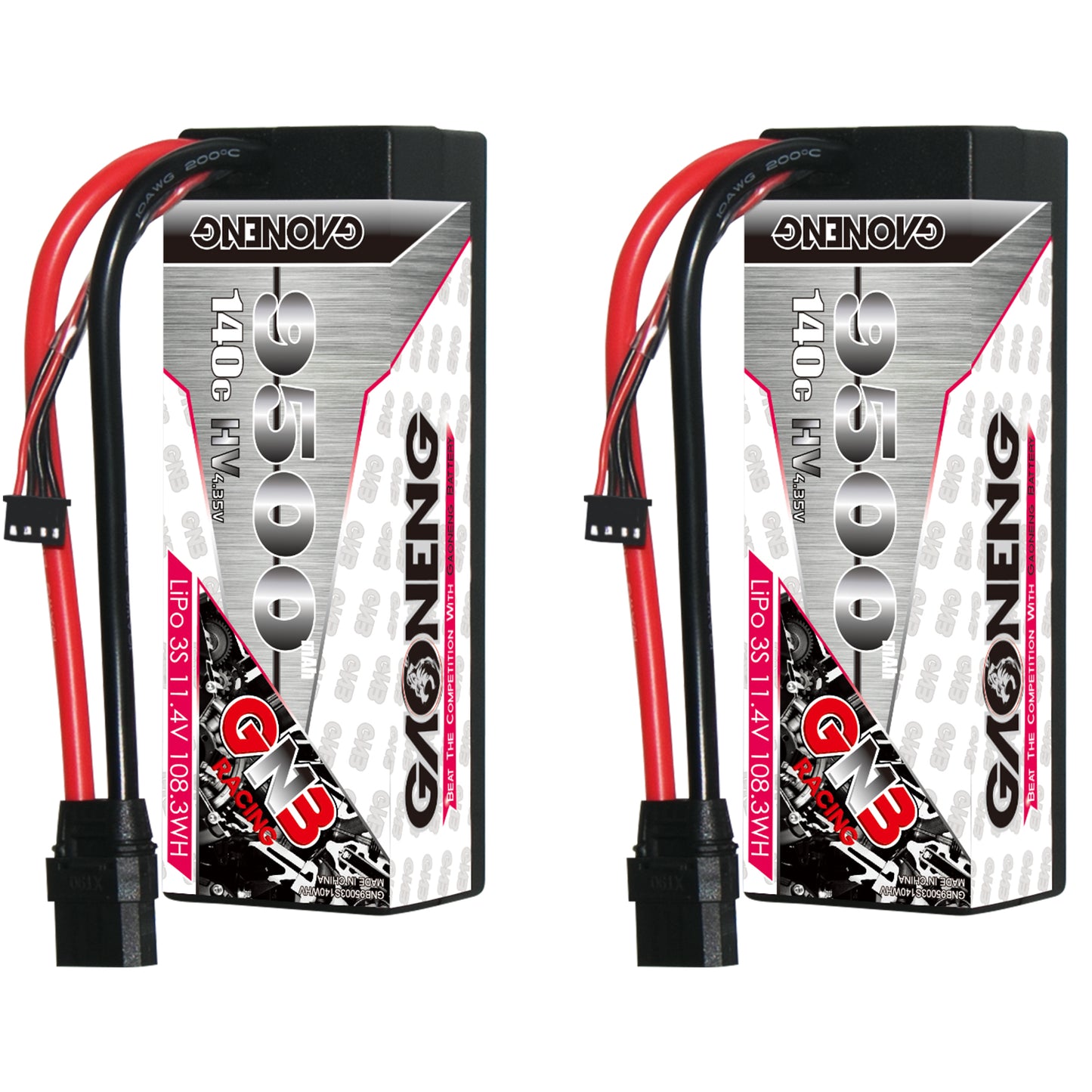 Front and rear views of GAONENG GNB 9500mAh 3S LiHV hard case LiPo showing label and wiring