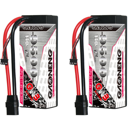 Front and rear views of GAONENG GNB 9500mAh 3S LiHV hard case LiPo showing label and wiring