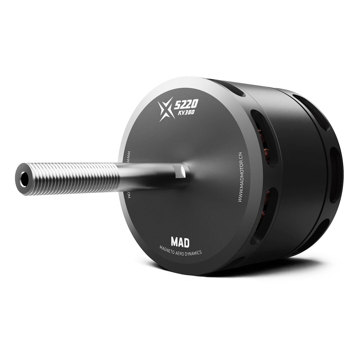 MAD X5220 (Long) IPE eVTOL Airplane Drone Motor, MAD X5220 long brushless drone motor with black can housing and extended threaded shaft