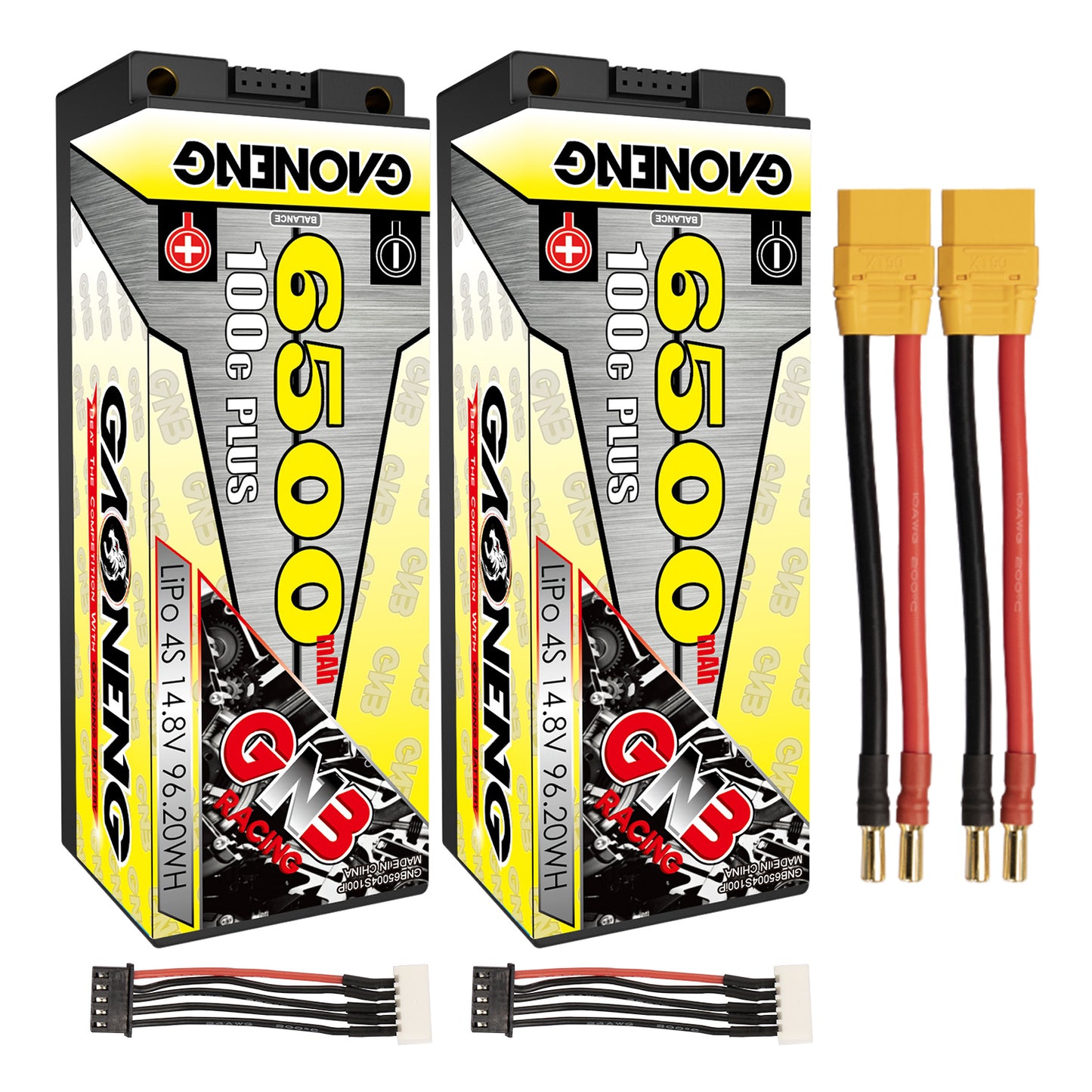 Two-pack GNB 4S 6500mAh 100C hard case LiPo batteries with yellow plug leads, 5mm bullets and balance leads