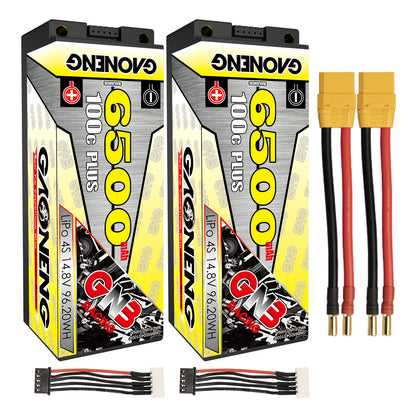 Two-pack GNB 4S 6500mAh 100C hard case LiPo batteries with yellow plug leads, 5mm bullets and balance leads