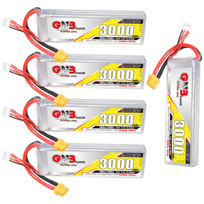 Five GNB 3000mAh LiPo batteries shown together, four horizontal plus one vertical, with XT60 plugs