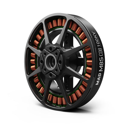 MAD M8S C08 100KV brushless drone motor with open-frame housing and visible copper windings