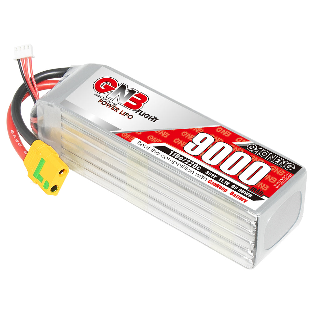 GAONENG GNB 3S 11.1V 9000mAh 110C RC LiPo battery with yellow XT90S anti-spark connector