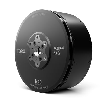 MAD M40C30 PRO IPE brushless drone motor with black housing, TORQO faceplate, and 43KV marking