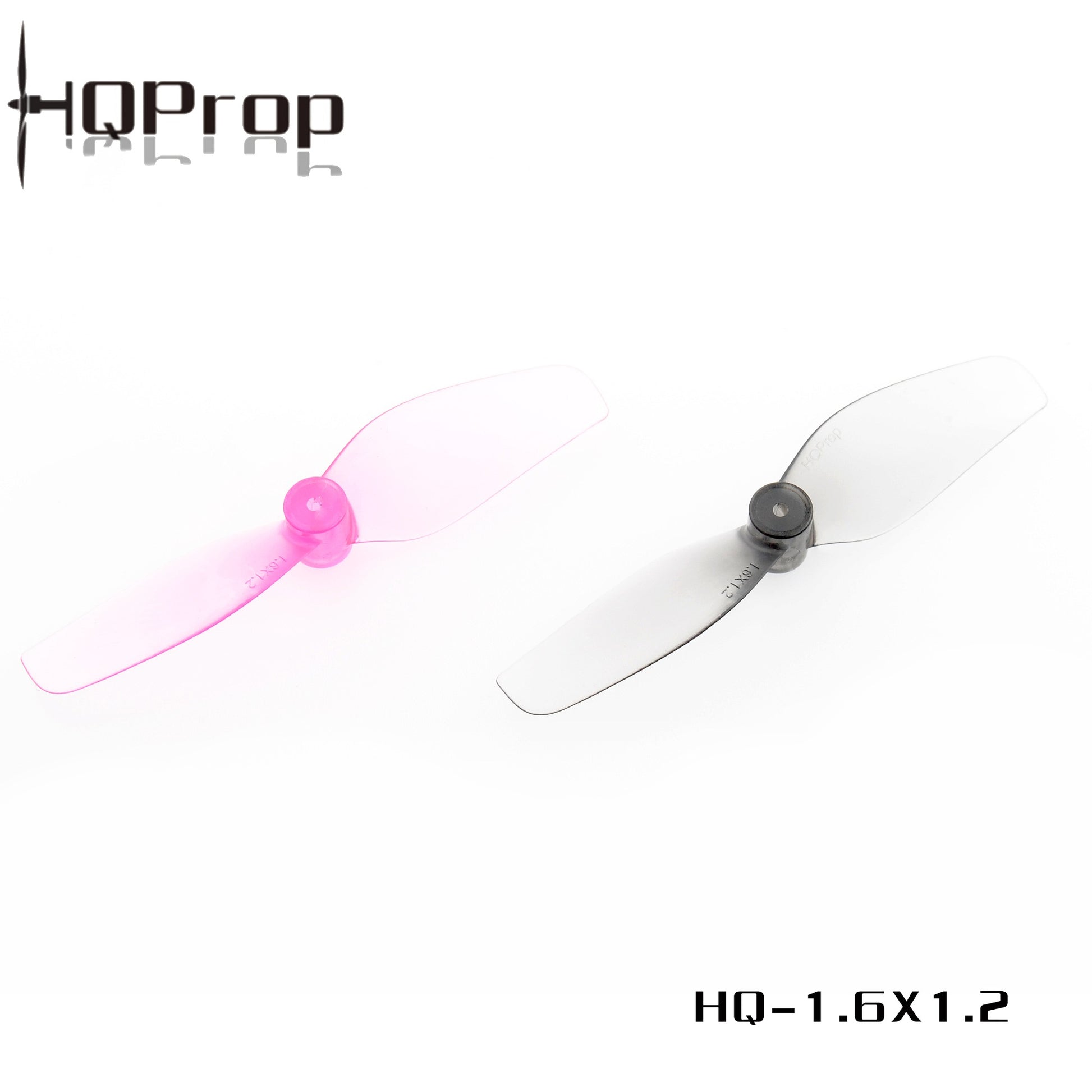 HQProp 1.6x1.2 whoop prop graphic showing pink and grey 2-blade props on white background