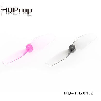 HQProp 1.6x1.2 whoop prop graphic showing pink and grey 2-blade props on white background