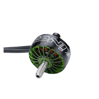 iFlight XING 2208 1800KV 3-6S FPV Motor, Close-up of iFlight XING 2208 FPV brushless motor with green base, copper windings and threaded prop shaft