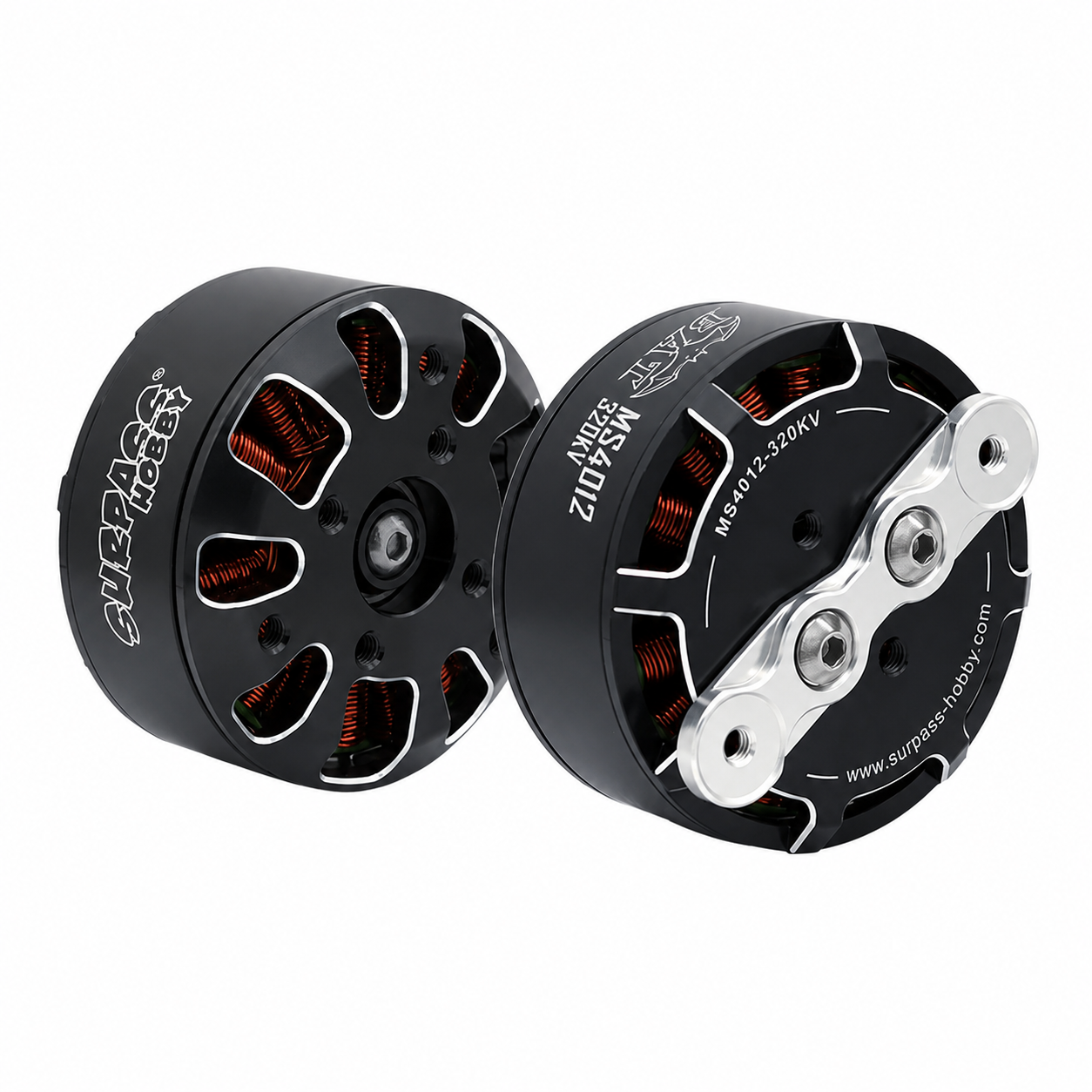 Pair of Surpass Hobby MS4012 320KV brushless drone motors shown at angle, vented housings and coils visible