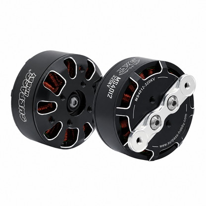 Pair of Surpass Hobby MS4012 320KV brushless drone motors shown at angle, vented housings and coils visible