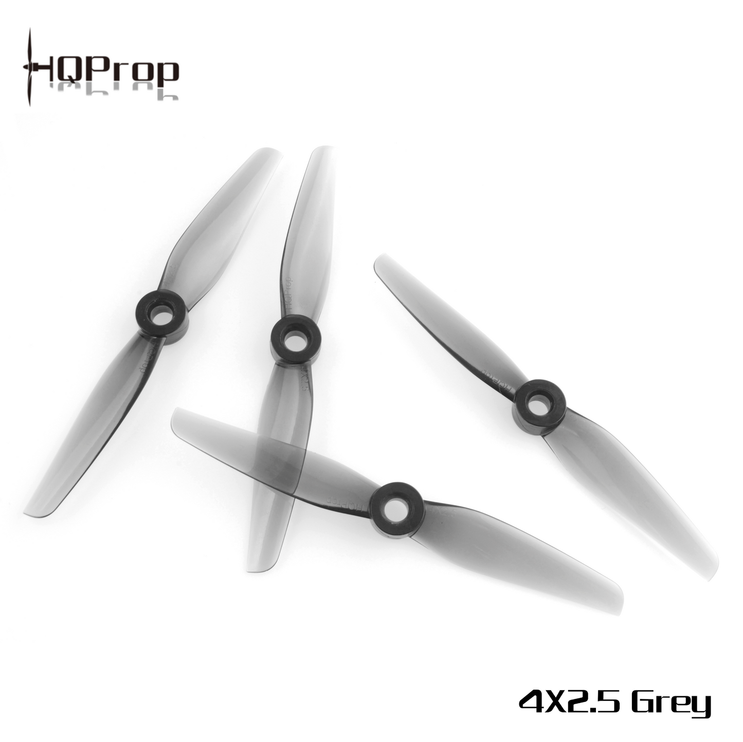 HQProp 4X2.5 Grey polycarbonate 4 inch propellers with HQProp logo and 4x2.5 Grey text
