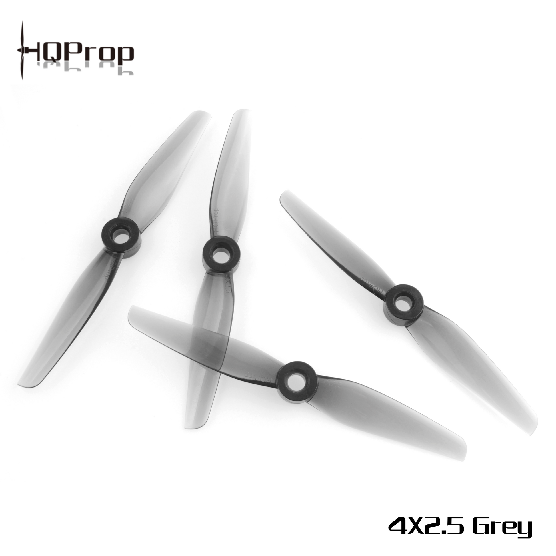 HQProp 4X2.5 Grey polycarbonate 4 inch propellers with HQProp logo and 4x2.5 Grey text