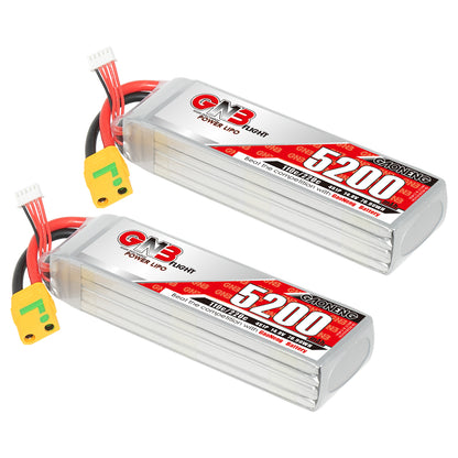 Two GNB 5200mAh LiPo batteries shown side by side with XT90S connectors and balance leads