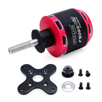F5055 brushless motor kit with mounting plate, prop nut, washer and screws shown beside motor