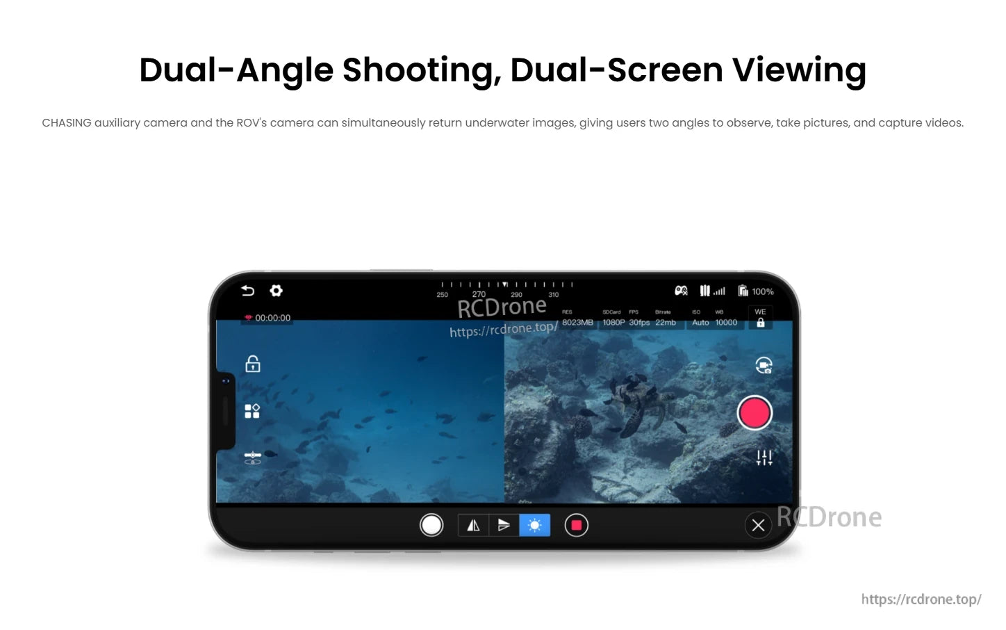 CHASING Auxiliary Camera, Dual-angle shooting provides real-time split-screen views from auxiliary and ROV cameras, enhancing underwater observation, photography, and video with on-screen controls.
