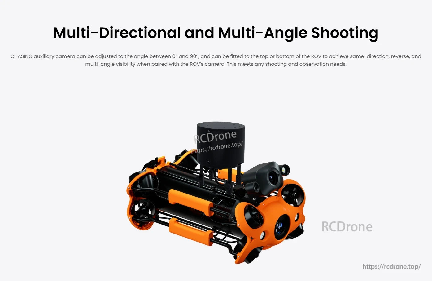 The CHASING auxiliary camera adjusts from 0° to 90°, mounts on top or bottom of the ROV, enabling multi-angle shooting for improved visibility and observation.