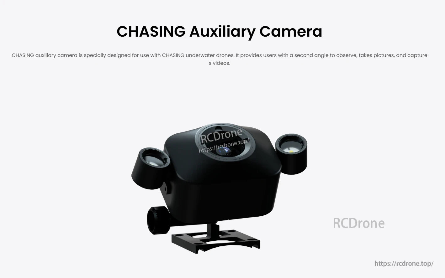 The CHASING Auxiliary Camera provides a secondary angle for capturing photos and videos with underwater drones.