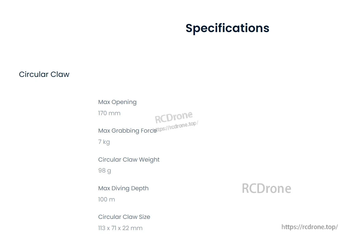 Circular Claw: 170 mm max opening, 7 kg grip force, 98 g weight, 100 m depth rating, compact 113×71×22 mm size.