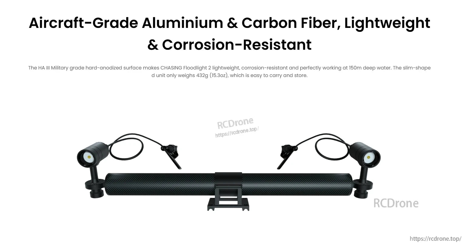 CHASING Floodlight, Lightweight, corrosion-resistant aircraft-grade aluminum and carbon fiber drone with HA III hard-anodized surface, 150m water depth capability, and 432g weight for portability.