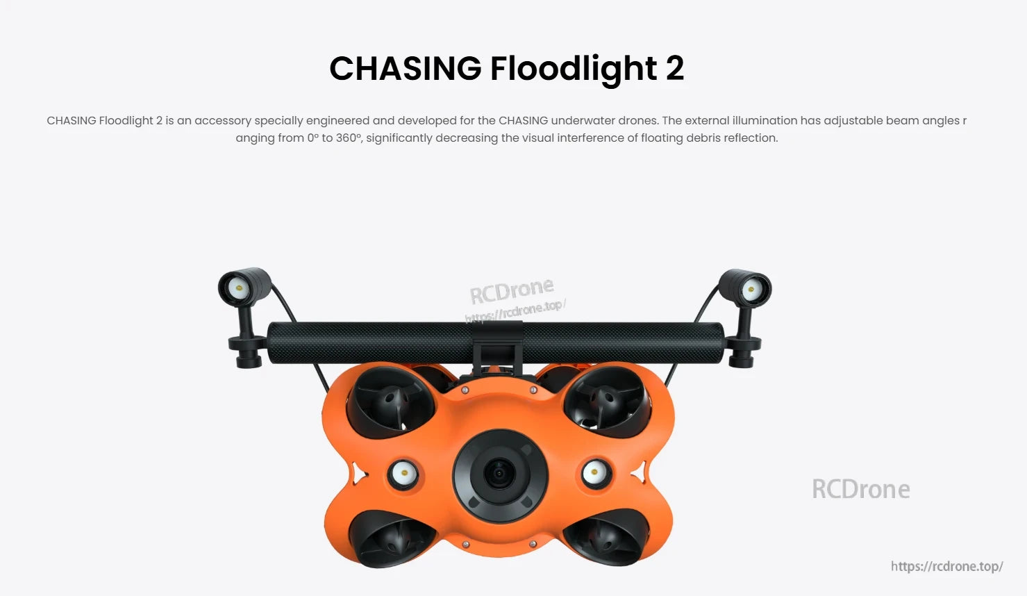 CHASING Floodlight, Adjustable 0° to 360° beam angles minimize debris reflection for underwater drones. (12 words)